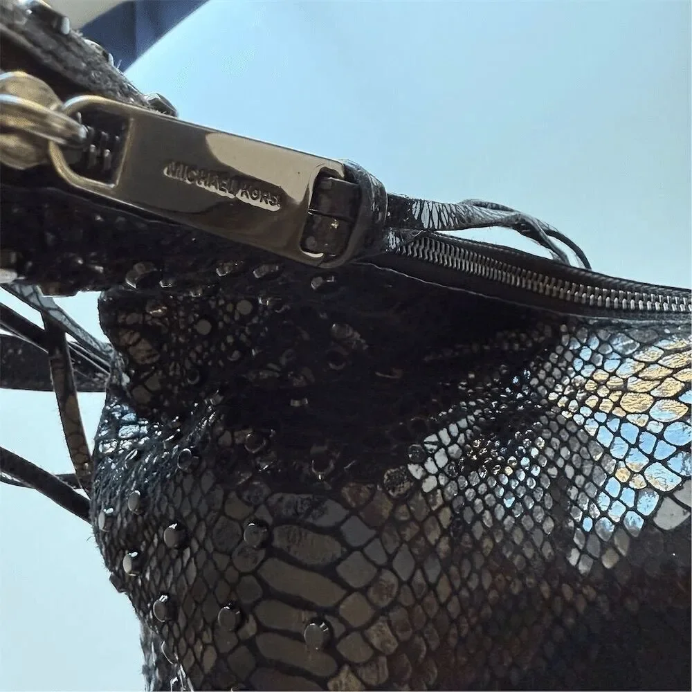 MK Rhea Chrystal Black Snake Studded Hobo Crossbody Bag Fringe Rockstar Cowgirl - Picture 3 of 8